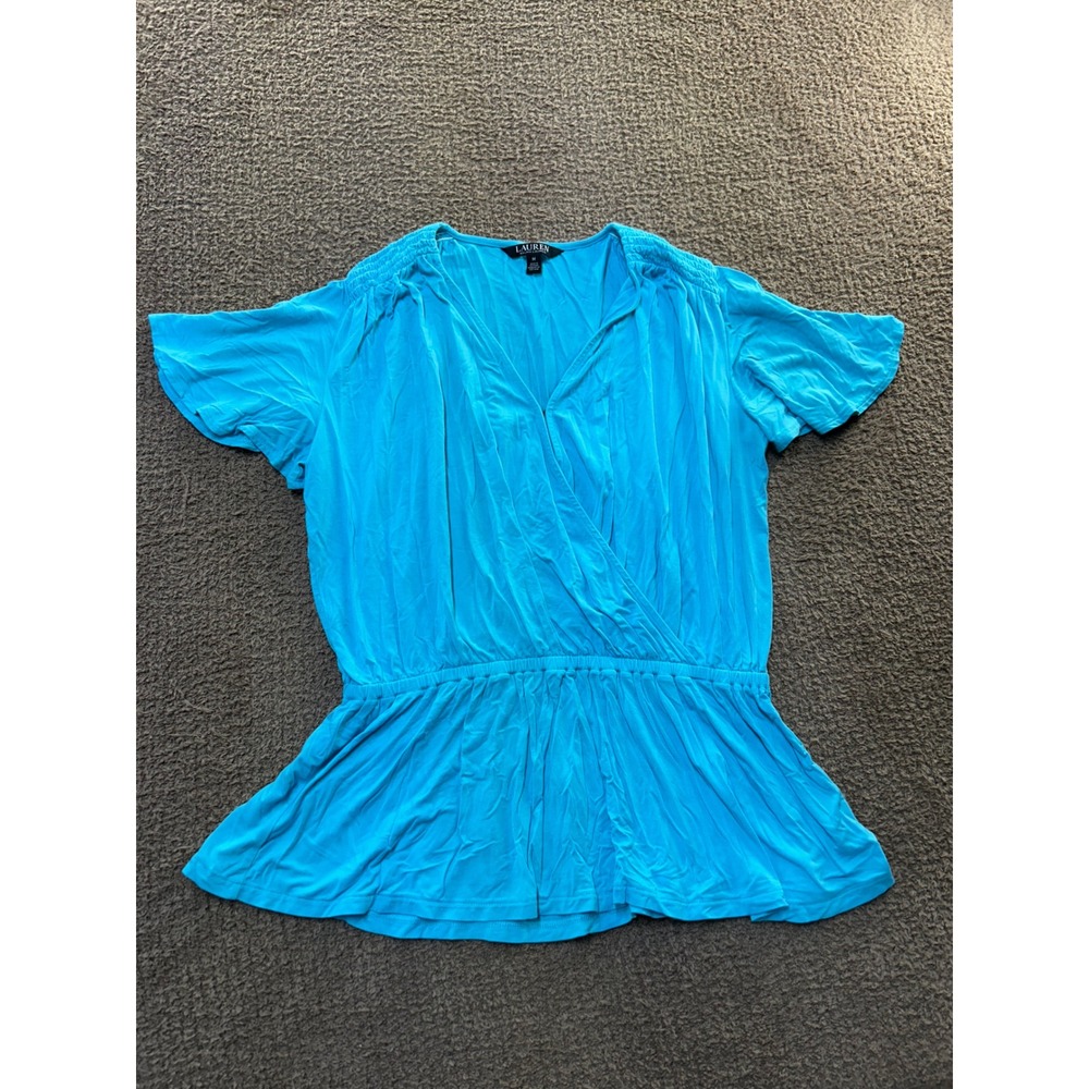 Lauren Ralph Lauren Blue Smocked Waist Surplice Wrap Top Medium